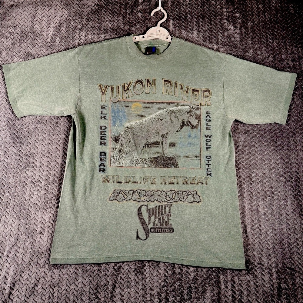 Vintage 90s Yukon‎ River Wolf Wildlife T Shirt Men XL Made USA Green Nature Sun